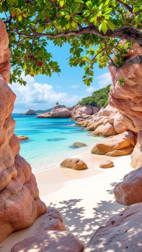 A scenic view of Anse Source d'Argent beach with granite rocks and clear turquoise water framed by lush greenery.