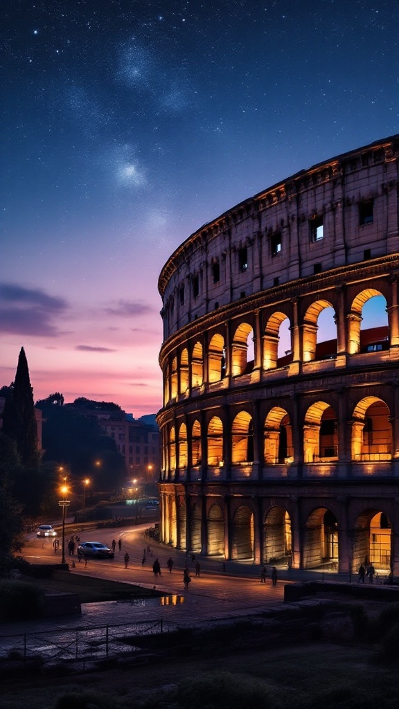 Colosseum in Rome at dusk with a twilight sky