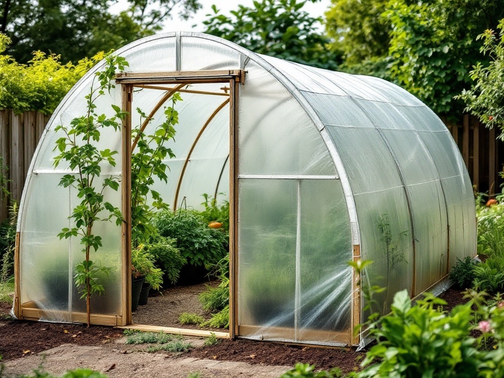 A hoop house greenhouse made of a clear plastic covering over a curved frame, surrounded by green plants in a garden.
