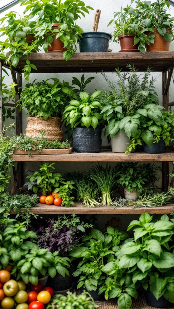 A collection of herbs and tomatoes in a greenhouse, showcasing various pots and plants arranged on shelves.