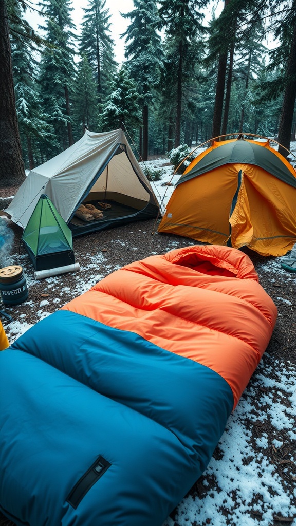 A brightly colored insulated sleeping bag laid out in front of two camping tents in a snowy forest.