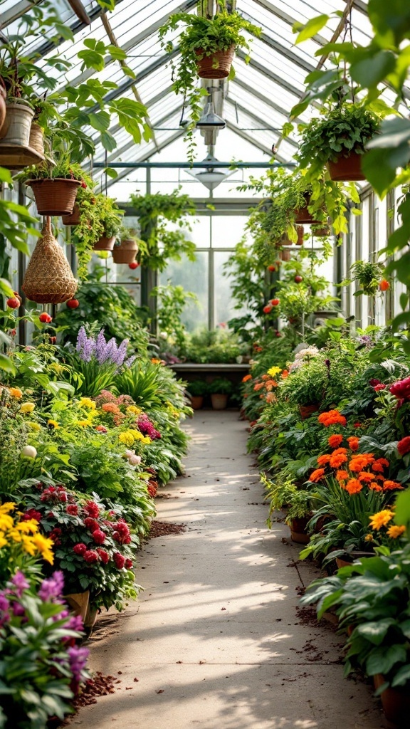 A vibrant greenhouse filled with a variety of flowers and greenery.