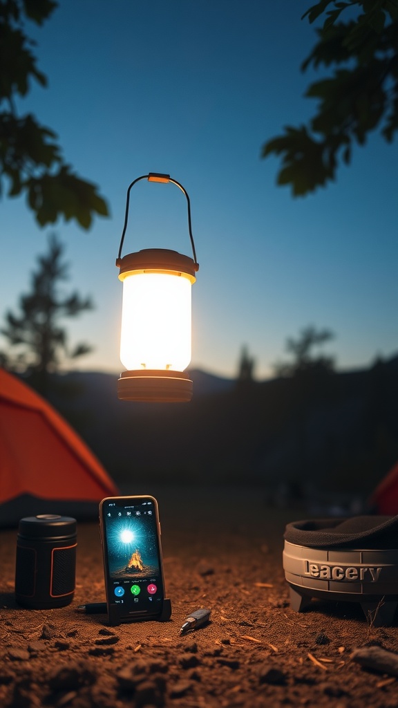 A glowing LED lantern hanging above a smartphone and camping gear at dusk