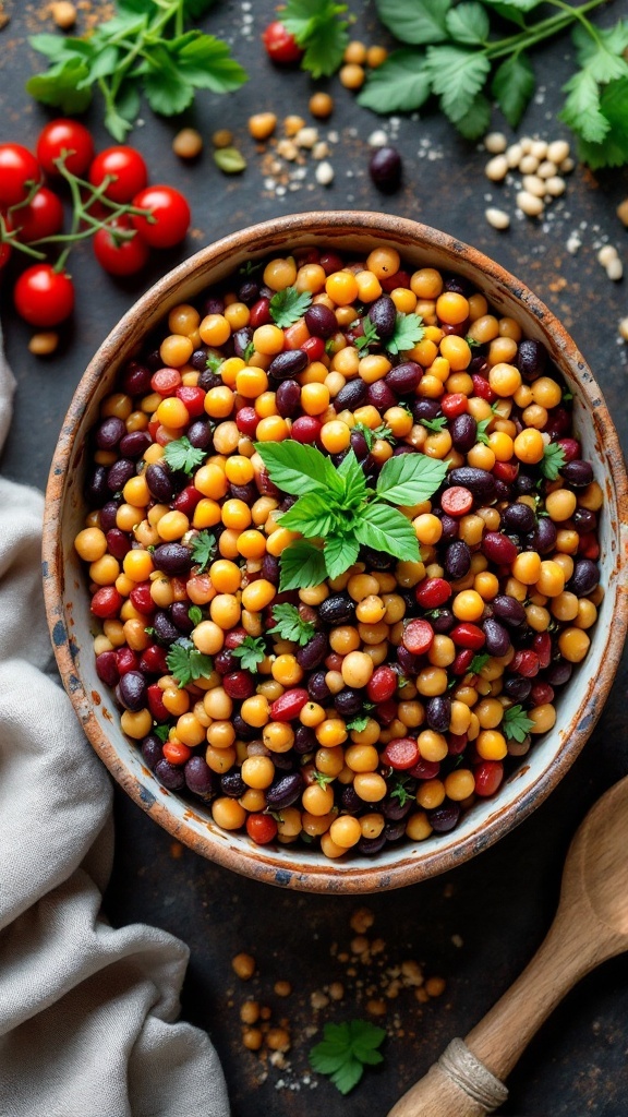 A colorful bowl of assorted legumes with fresh herbs on top, surrounded by cherry tomatoes and a wooden spoon.