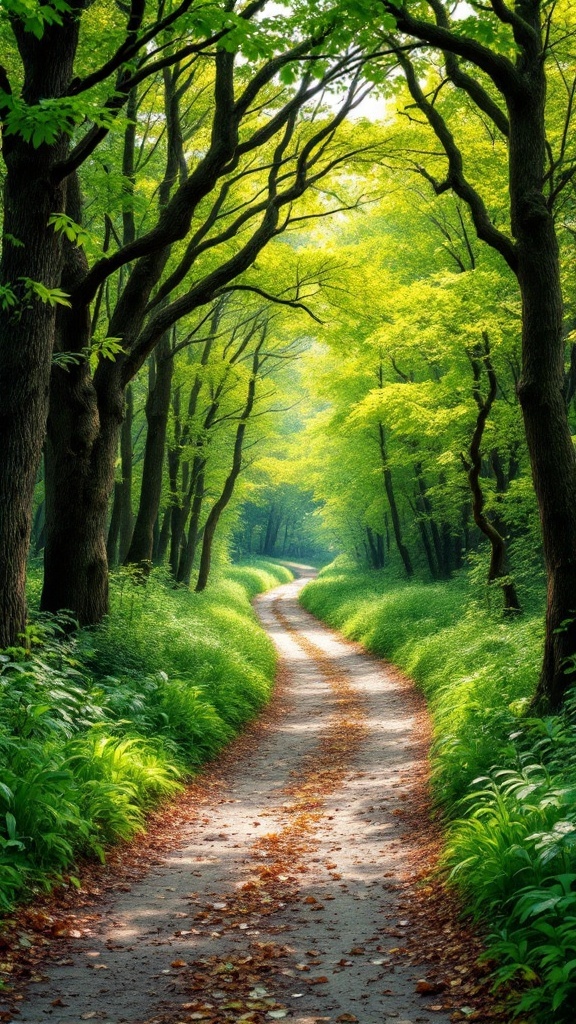 A winding forest path surrounded by lush green trees and foliage