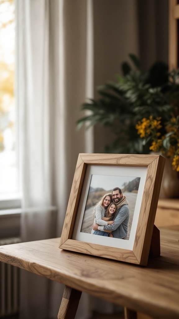 A wooden picture frame on a table showcasing a family photo.