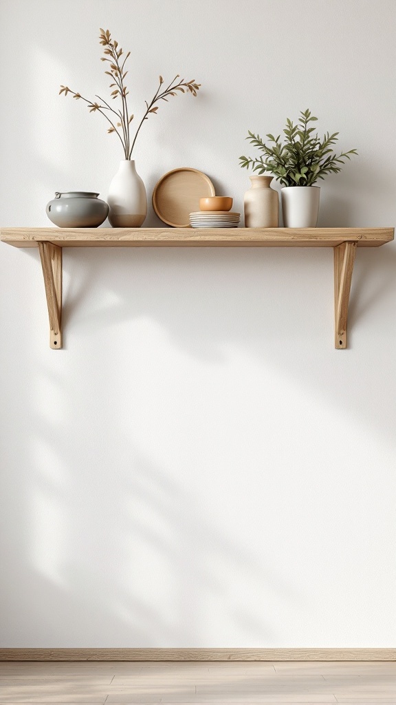 A simple wooden shelf with decorative items on it, including vases and plates.