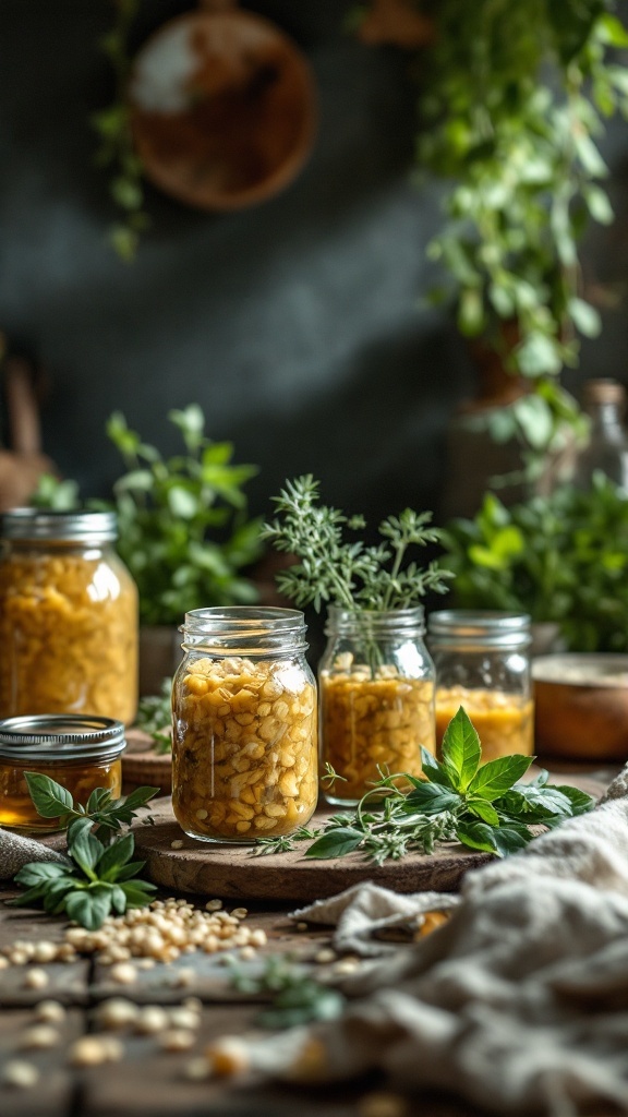 Jars of herbal salves and fresh herbs on a wooden table, representing off-grid living.