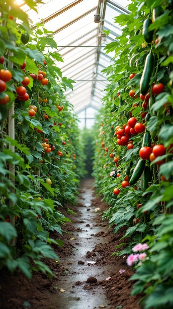 A greenhouse showcasing rows of tomato and cucumber plants growing vertically.