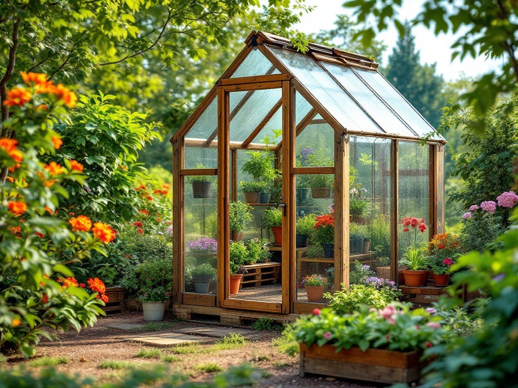 A mini pallet greenhouse surrounded by colorful flowers in a garden