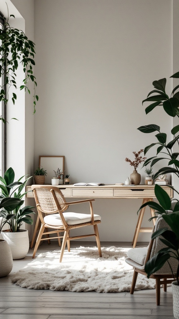 A minimalist zen workspace with plants, a wooden desk, and a cozy rug.