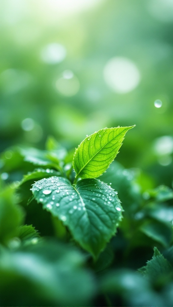 Close-up of green leaves with morning dew glistening on them