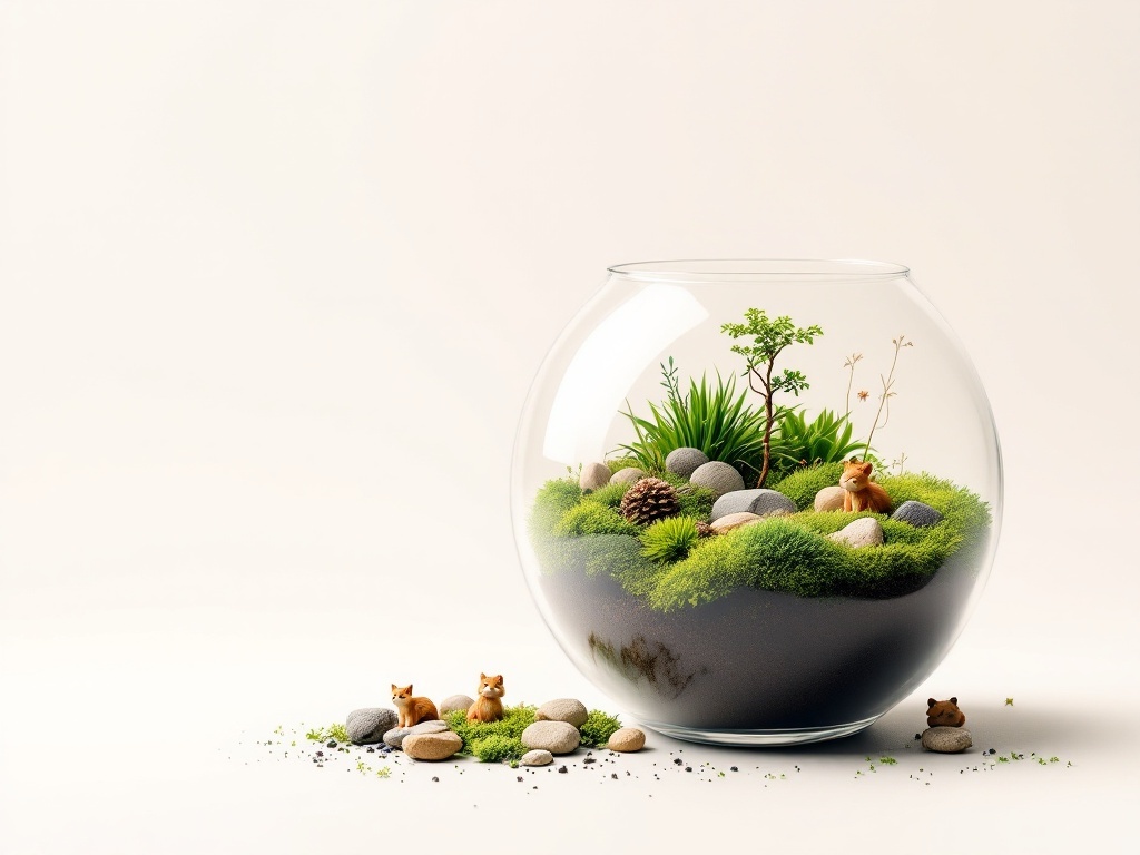 A beautifully arranged moss terrarium featuring small rocks, greenery, and cute animal figurines.