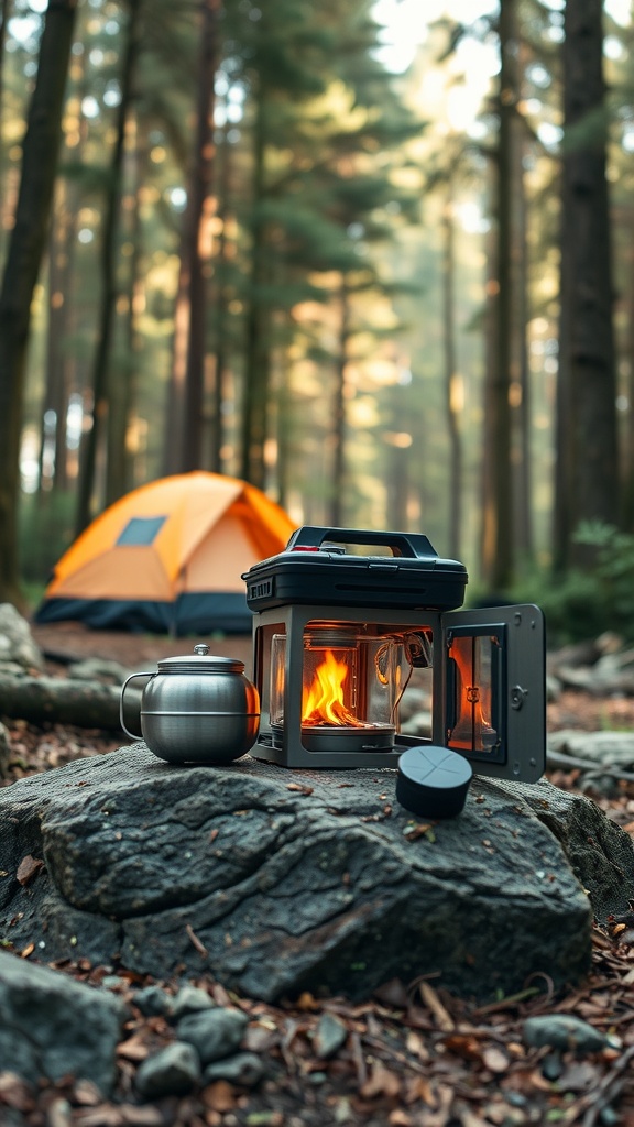 Camping gear including a wood stove, tent, and cooking kettle in the woods.