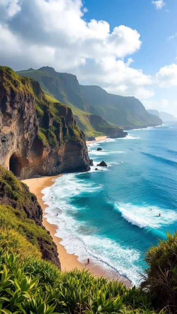 A scenic view of Tunnels Beach, Kauai, showcasing lush green cliffs, clear blue waters, and soft sandy shores.