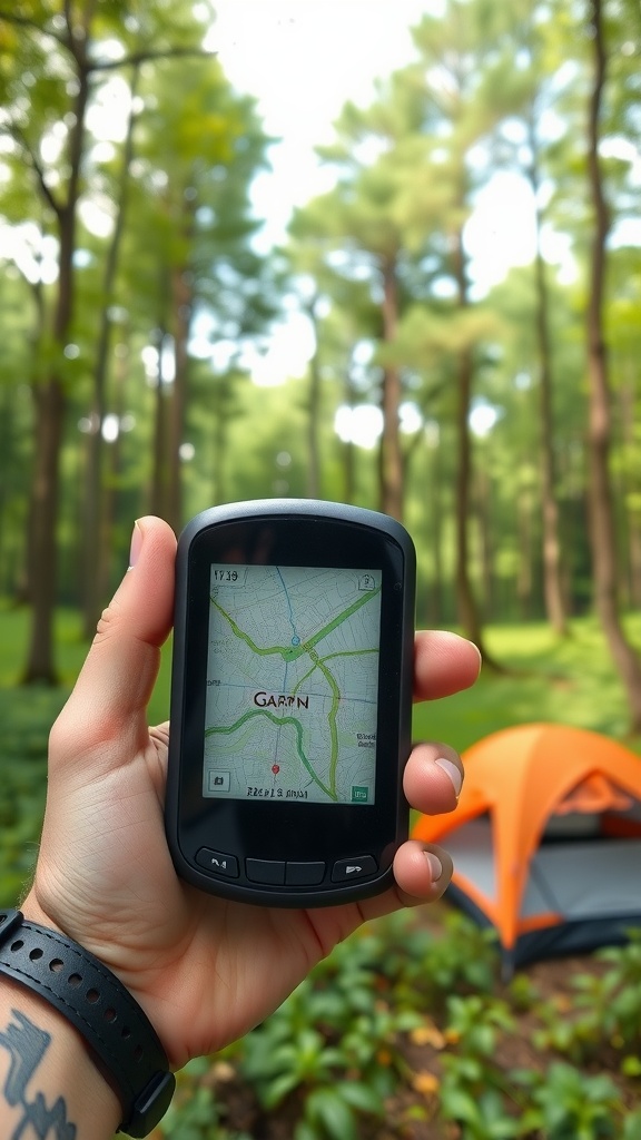 Person holding a GPS device in a forested area with a camping tent in the background