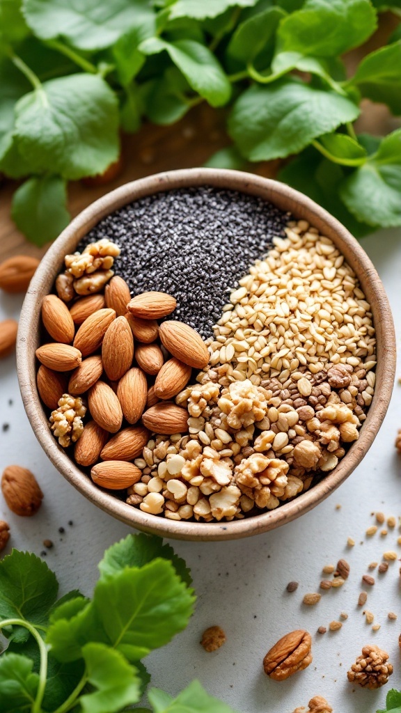 Bowl of assorted nuts and seeds including almonds, walnuts, sesame seeds, and chia seeds, surrounded by fresh greens