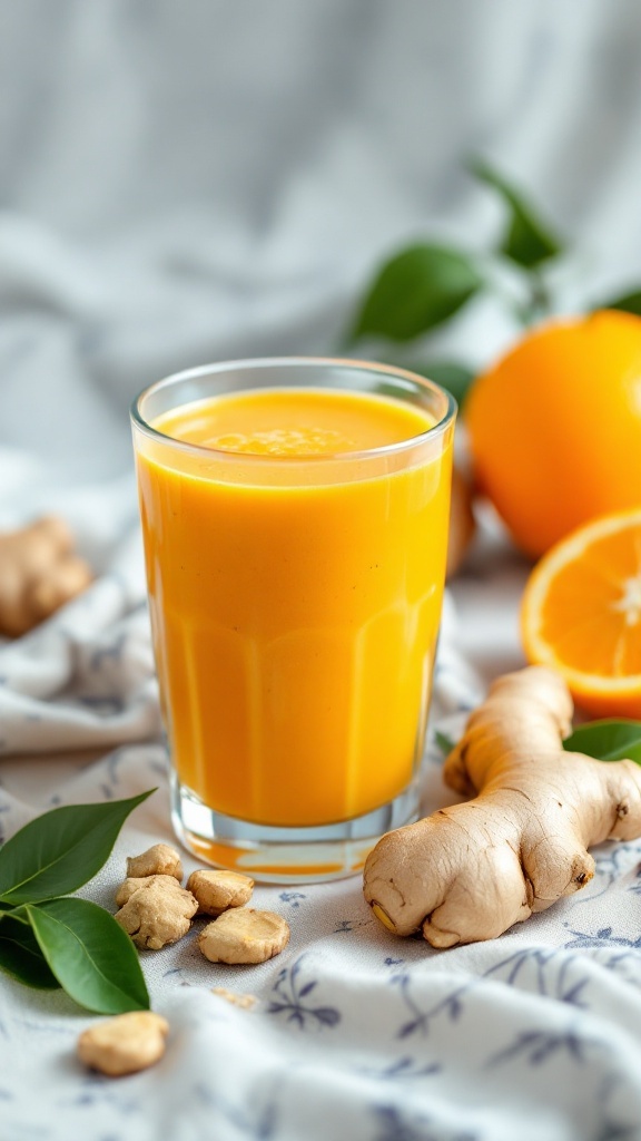 A refreshing orange and ginger smoothie in a glass.