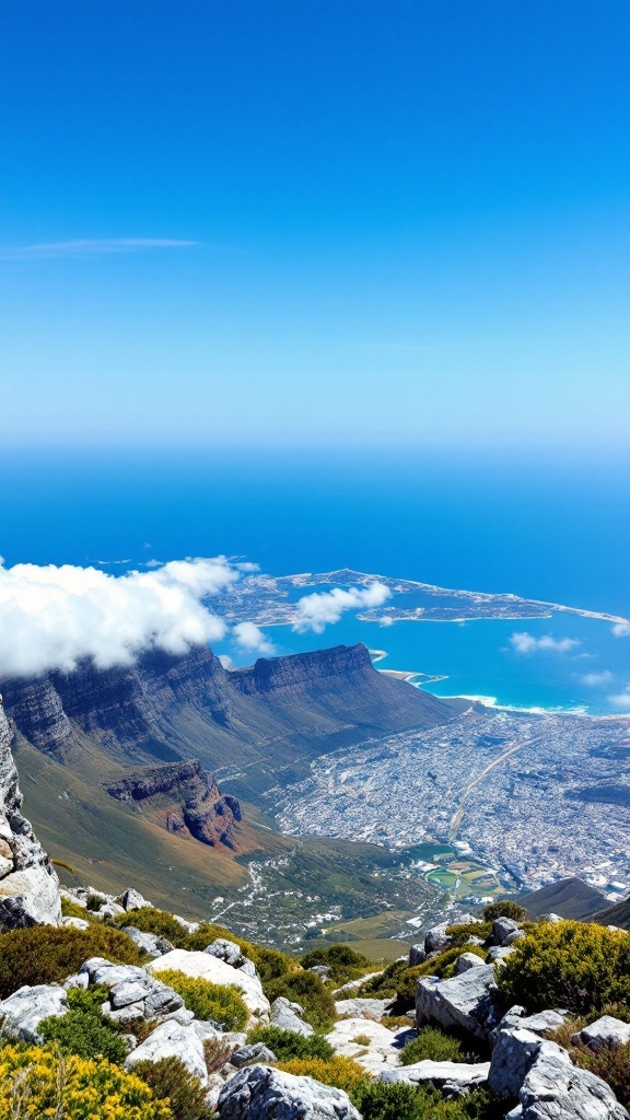 Panoramic view from Table Mountain showing the city and ocean