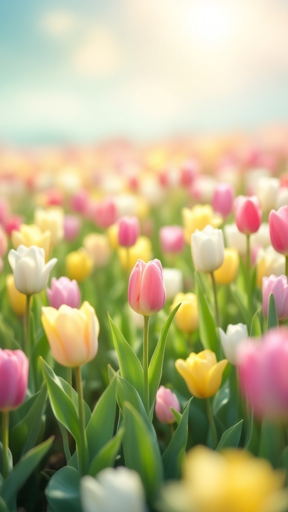 A field of pastel tulips in pink, yellow, and white under a soft sky
