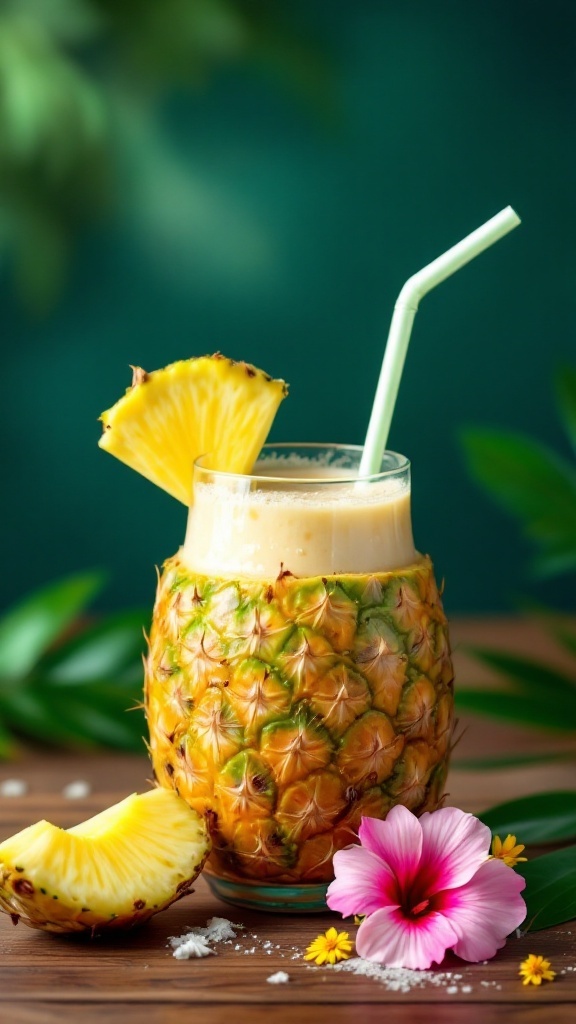 Delicious Smoothie Recipes for Radiant Skin. A refreshing pineapple and coconut smoothie served in a pineapple cup with a straw.