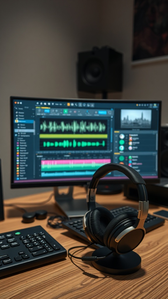 A workspace featuring a computer monitor displaying audio editing software, headphones on a stand, and a keyboard.