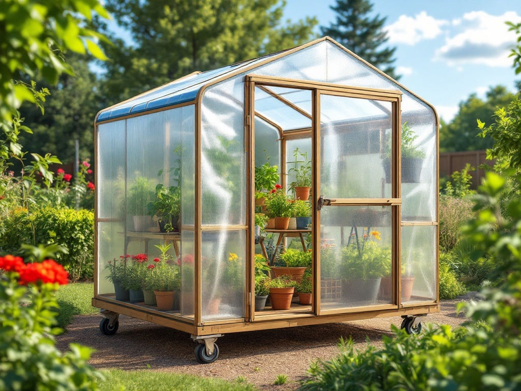 A portable greenhouse on wheels with vibrant plants inside, showcasing a wooden frame and clear plastic panels in a garden setting.