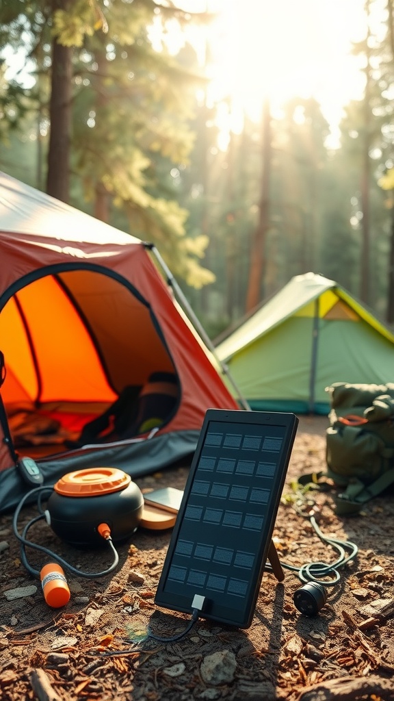 A portable solar charger set up near camping tents in the woods.