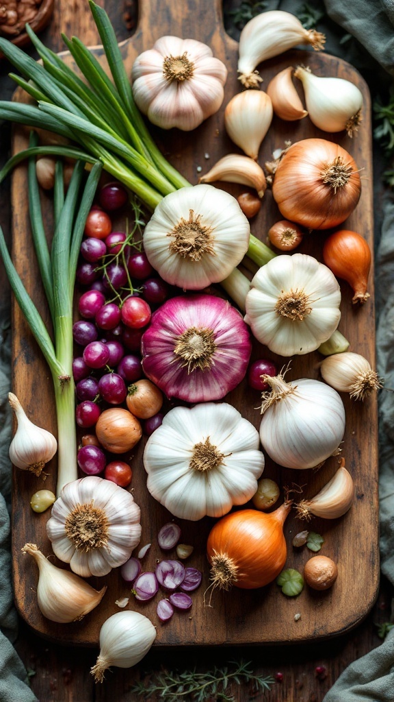A wooden board filled with various types of garlic and onions, showcasing their vibrant colors and textures, promoting gut health.