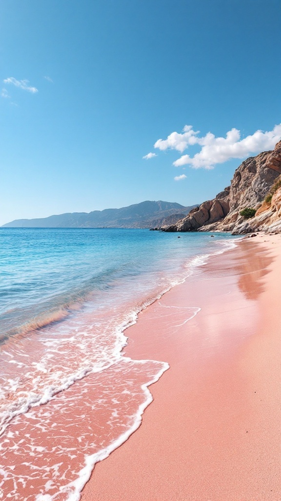 A picturesque view of Elafonissi Beach with pink sands, clear blue waters, and rocky cliffs under a sunny sky.