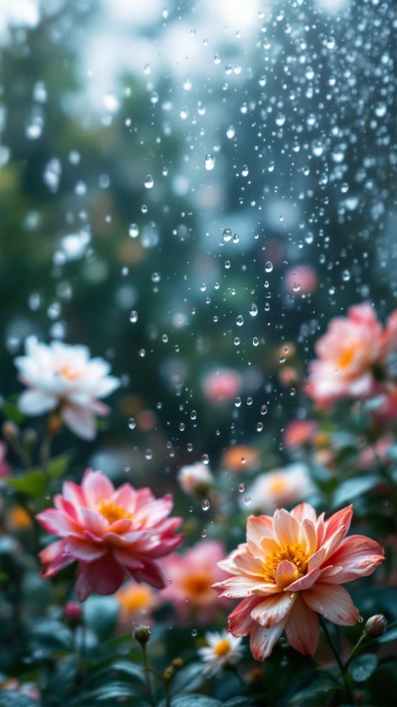 Flowers with raindrops on a window during a rainy spring day.