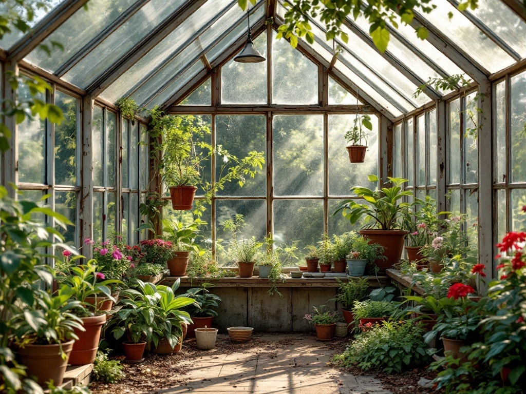 Interior view of a recycled window greenhouse filled with plants
