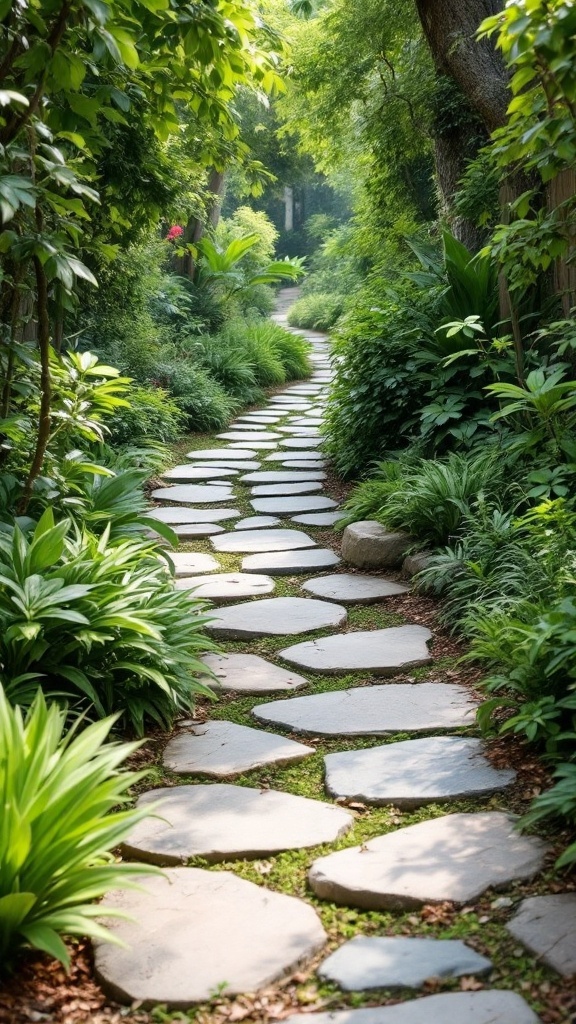 A rustic garden pathway made of stone slabs surrounded by lush green plants.