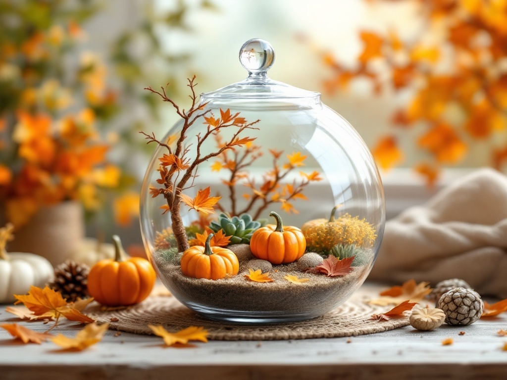 A terrarium featuring pumpkins, autumn leaves, and miniature plants, showcasing a fall theme.