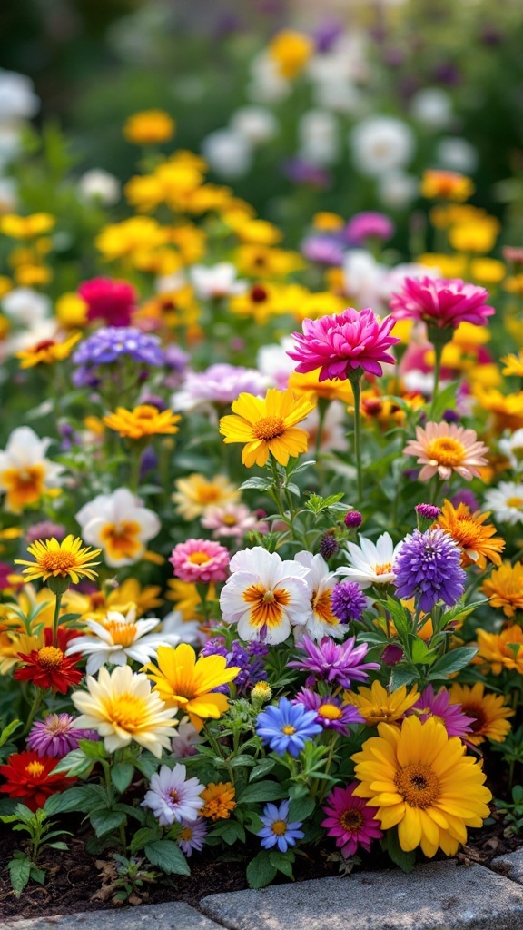 Beautiful small garden ideas. A vibrant display of seasonal flowers in various colors, showcasing a lively small garden.