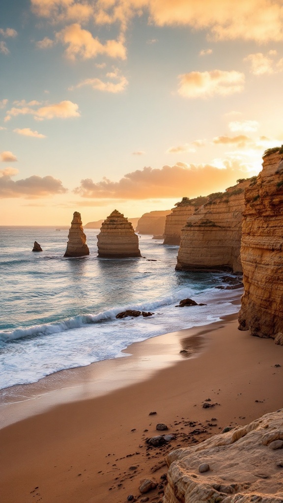 A scenic view of Playa de las Catedrales with cliffs and ocean at sunset