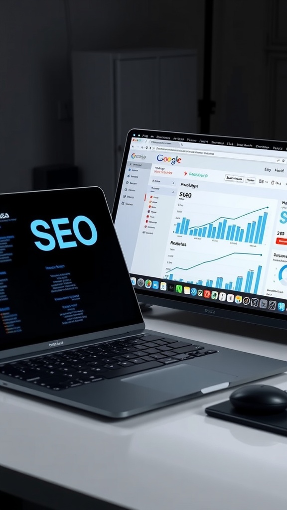 A laptop displaying SEO data alongside a monitor with analytics graphs.