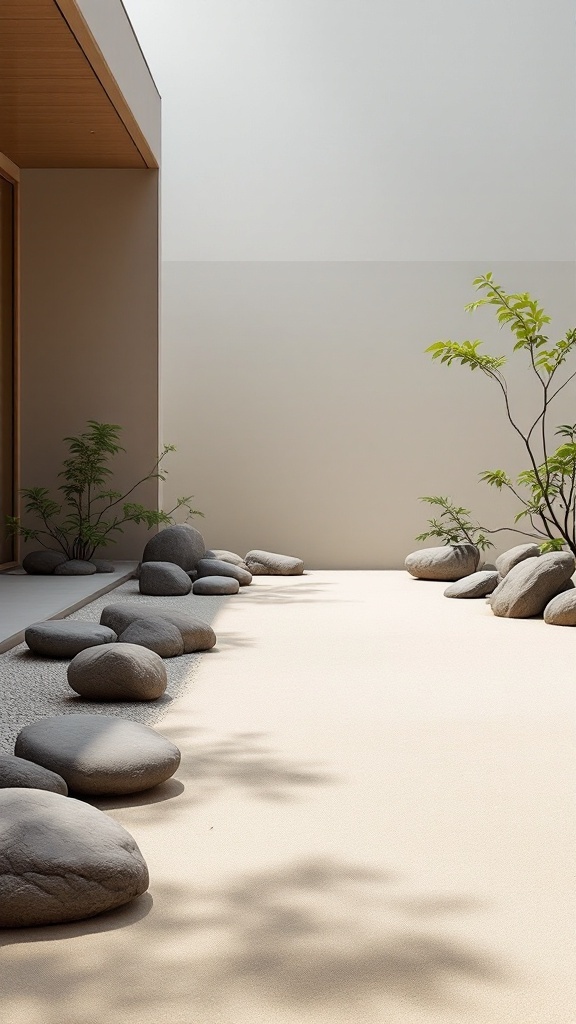 A serene Zen garden with smooth stones and fine sand.