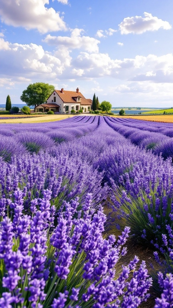 Lavender fields in Provence with a house in the background under a blue sky.