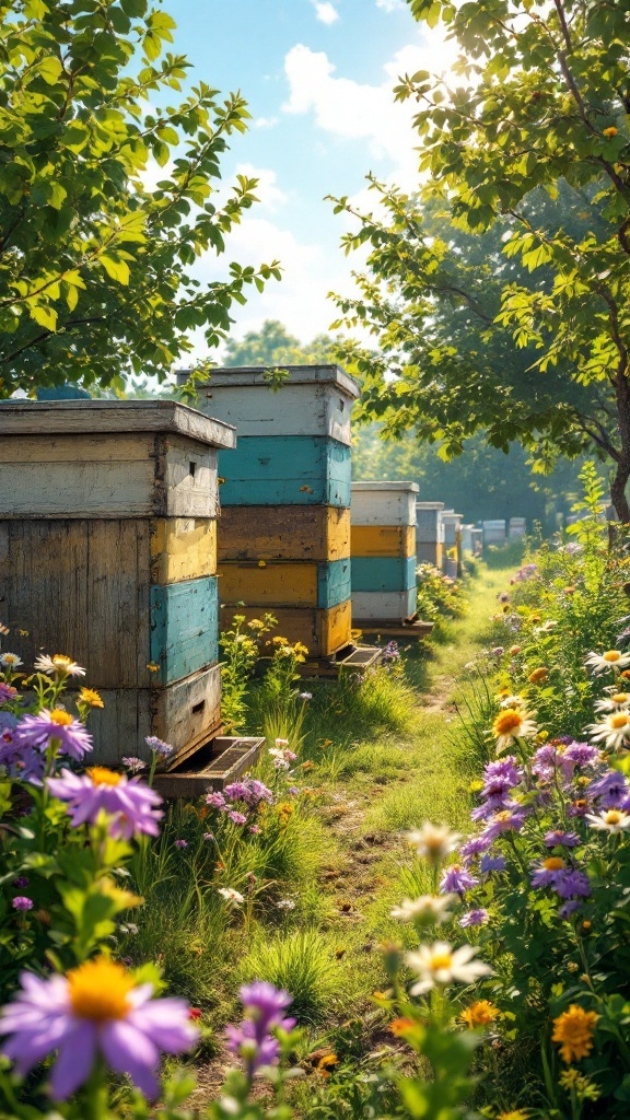 Colorful beehives surrounded by flowers in a lush green setting