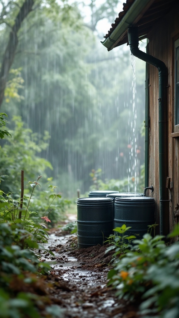 Rainwater collection system with barrels beside a cabin during rainfall