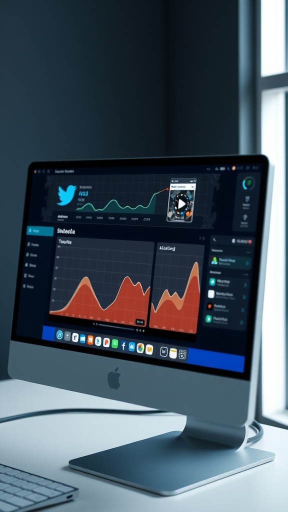 An iMac displaying social media analytics and scheduling tools.