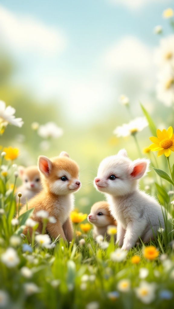 Cute baby animals in a field of flowers during spring.