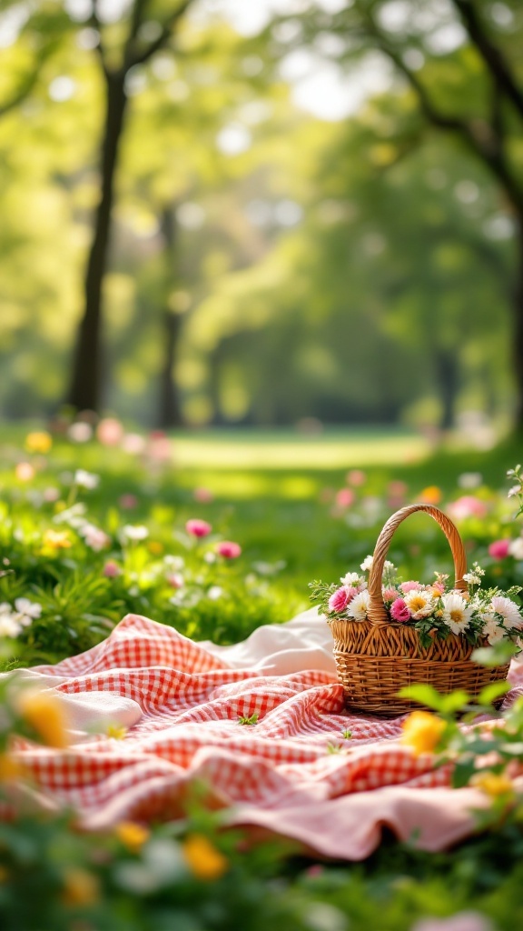 A picnic scene with a blanket and a basket of flowers in a sunny park.