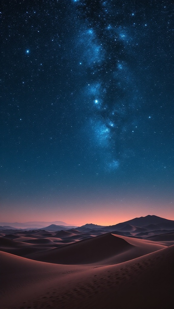 A starlit night sky over the Sahara Desert, showcasing the Milky Way and sand dunes.