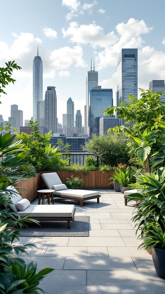 Beautiful small garden ideas. Stylish rooftop garden with lounge chairs and greenery overlooking a city skyline.