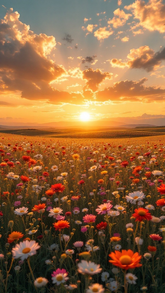 A vibrant meadow filled with flowers during sunset, showcasing warm colors in the sky.