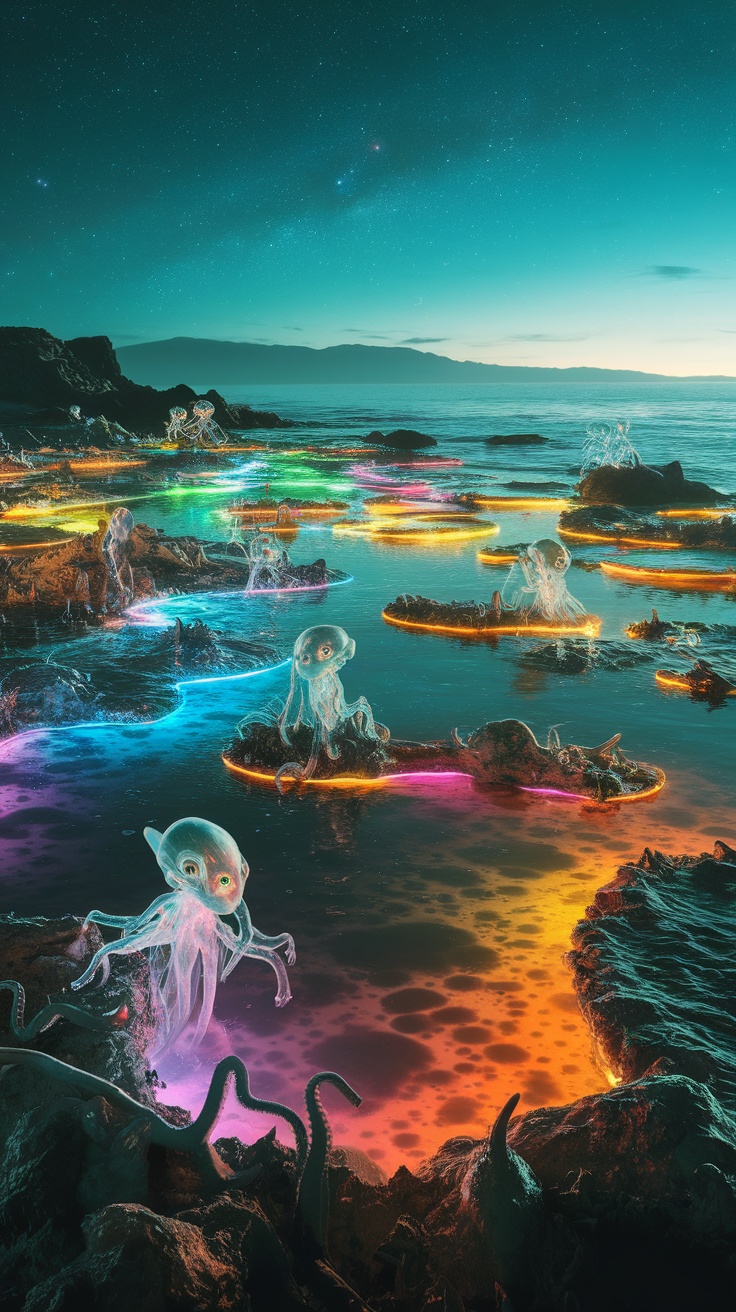 Bioluminescent tide pools filled with glowing creatures and colorful waters under a night sky.