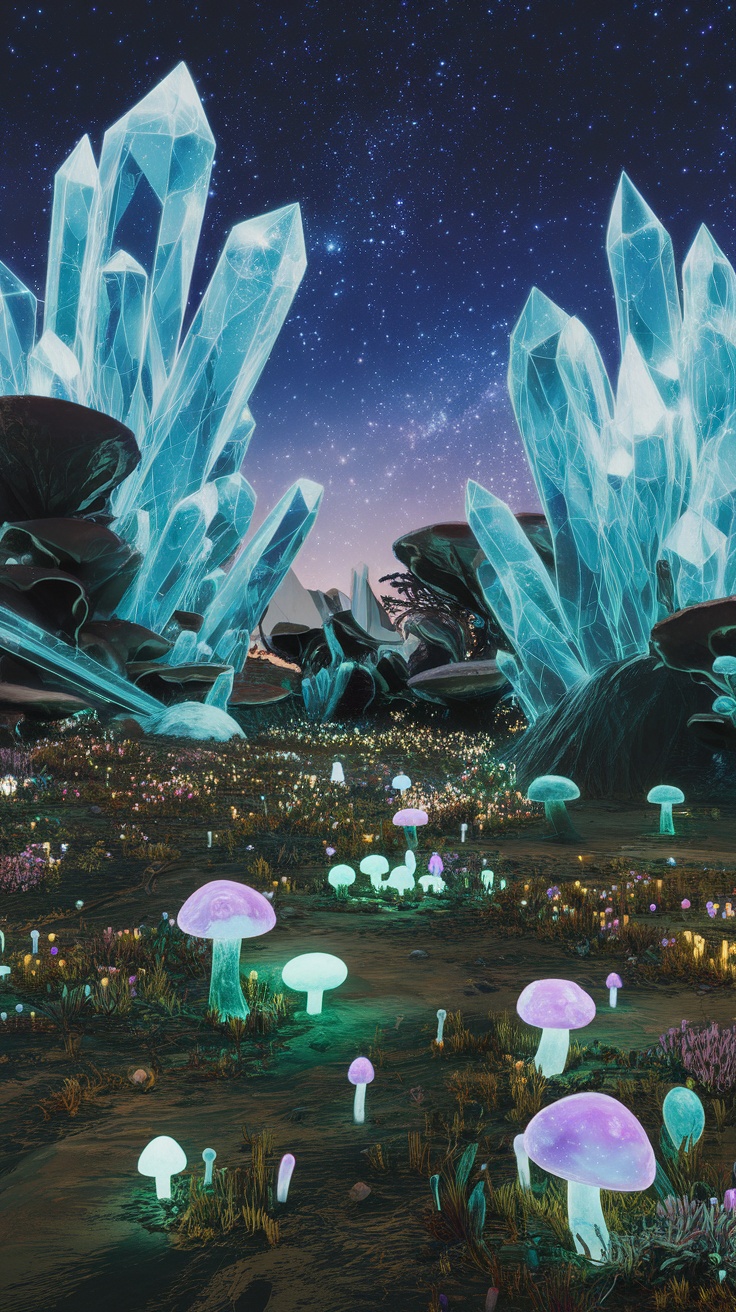 Breathtaking Alien Landscapes - A vibrant alien landscape with crystal formations and glowing mushrooms under a starry sky.