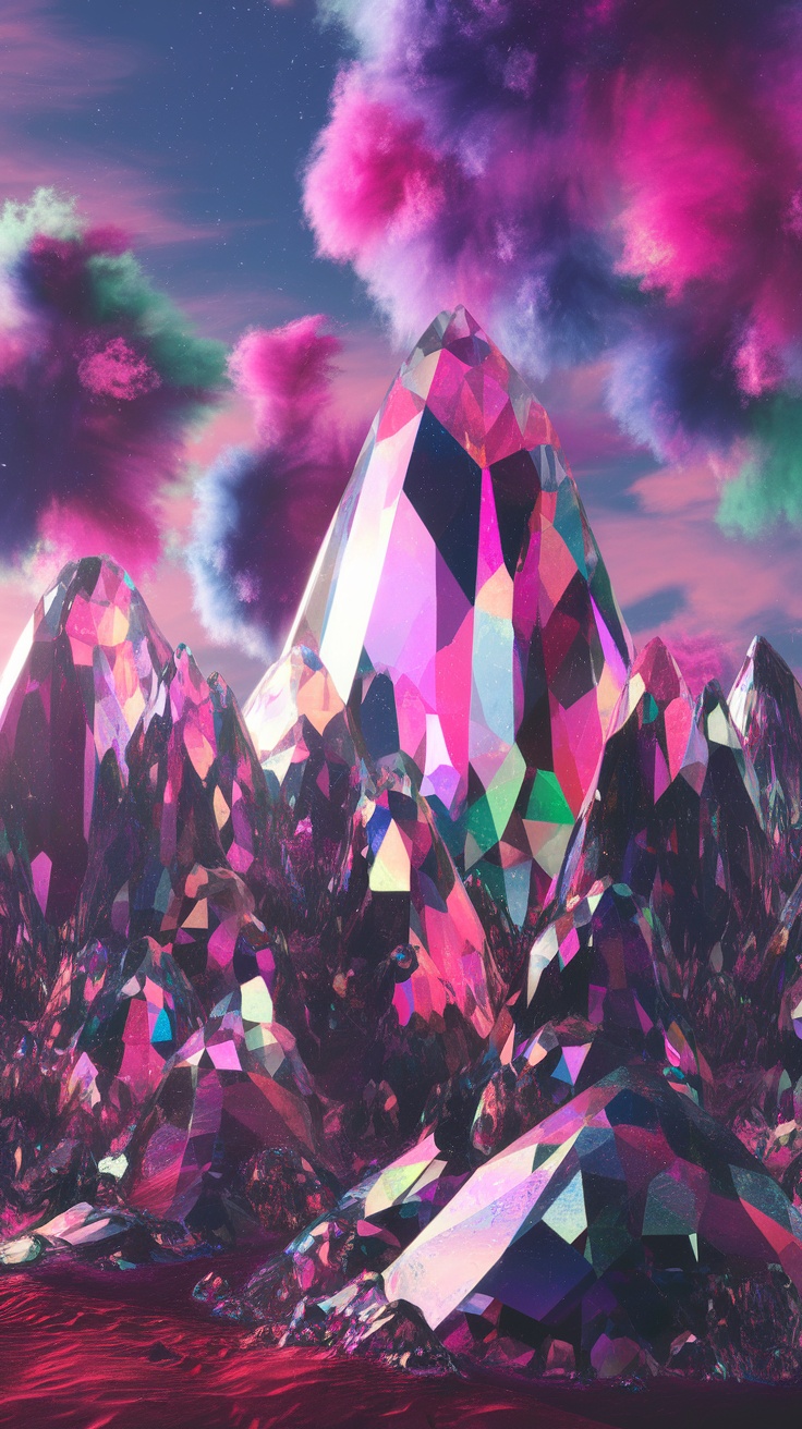Colorful crystal mountains under a starry sky
